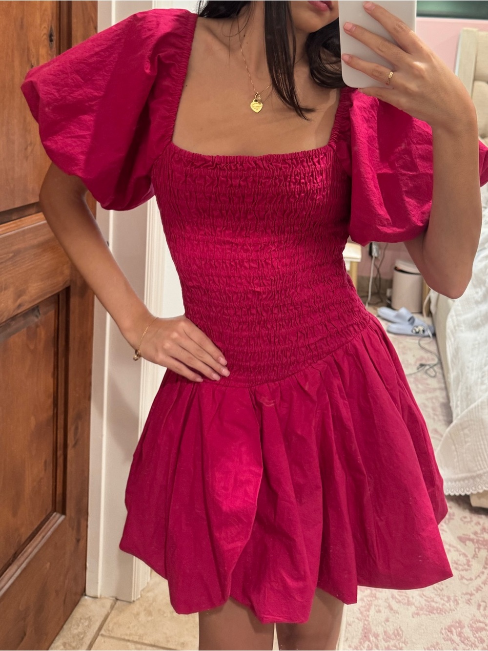 LoveShackFancy Raspberry Pink Smocked Mini Dress with Puff Sleeves